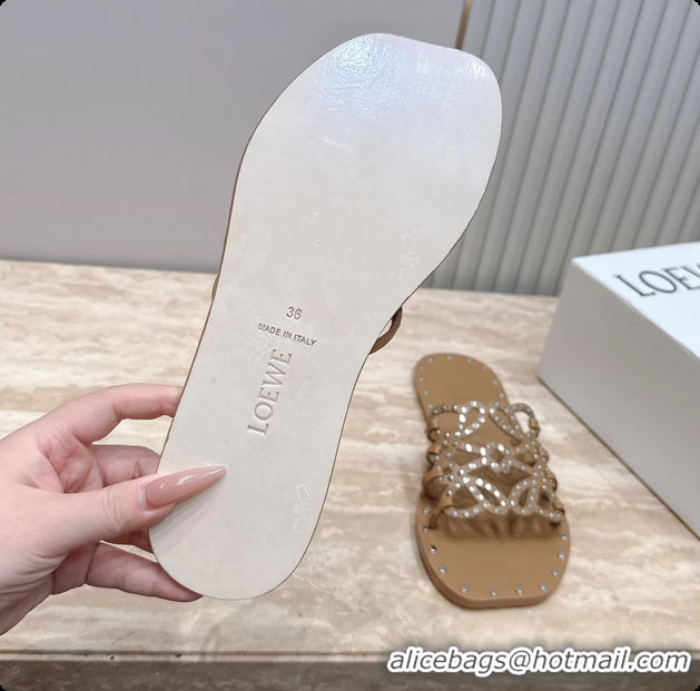 Purchase Loewe Petal Anagram Flat Slides Sandals Beige Vegetable Tanned Calfskin and Metallic Studs 6070313