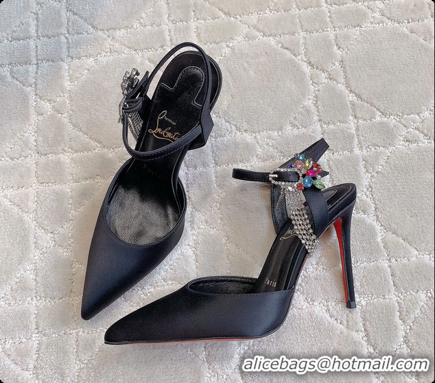 Best Grade Christian Louboutin Goldina Rain Crystal Embellished Black Satin Pumps 105MM 6070501
