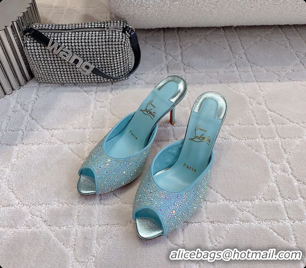 Low Price Christian Louboutin Crystals Strass Me Dolly High Heeled Sandals Light Blue 95MM 6070502