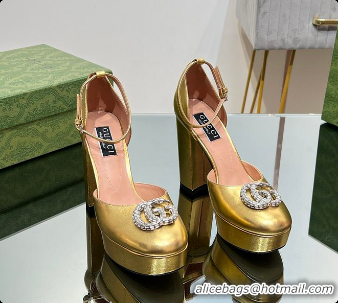Popular Style Gucci Women's Platform Pump With Double G Gold Patent Leather 60701304