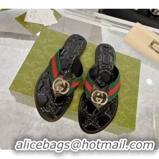 Top Design Gucci GG Thong Dark Green & Red Nylon Web Sandals 60701305