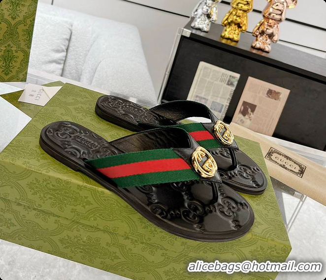 Top Design Gucci GG Thong Dark Green & Red Nylon Web Sandals 60701305