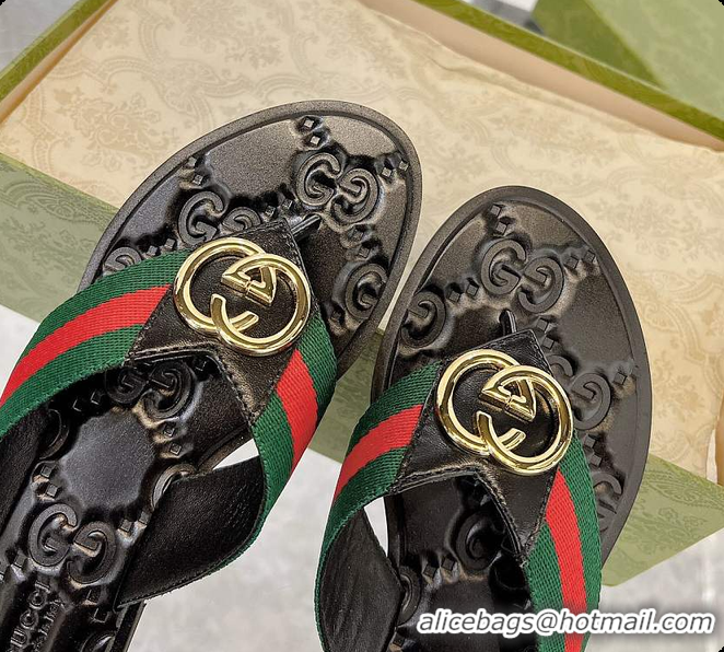 Top Design Gucci GG Thong Dark Green & Red Nylon Web Sandals 60701305