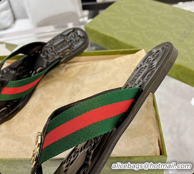 Top Design Gucci GG Thong Dark Green & Red Nylon Web Sandals 60701305