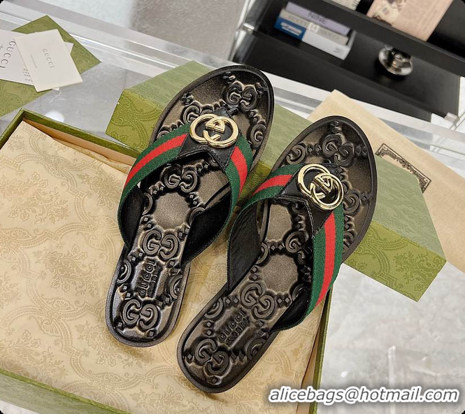 Top Design Gucci GG Thong Dark Green & Red Nylon Web Sandals 60701305
