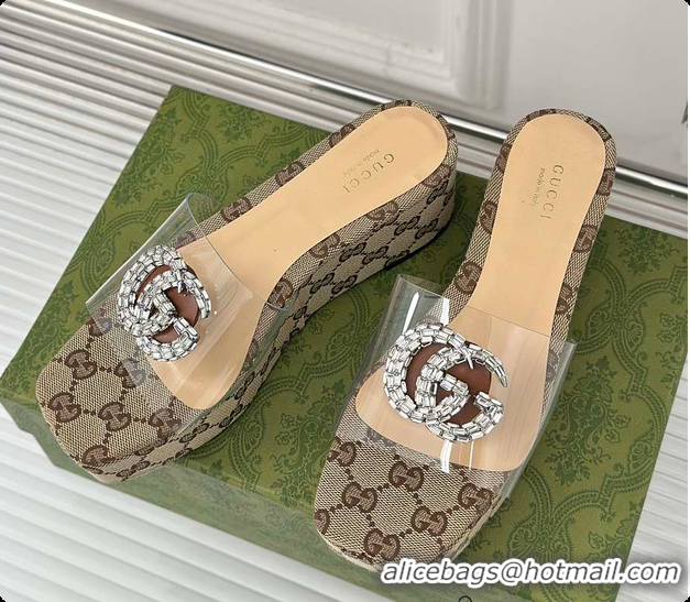 Gucci CC Crystal-Embellished Transparent High Slides Brown 60701306