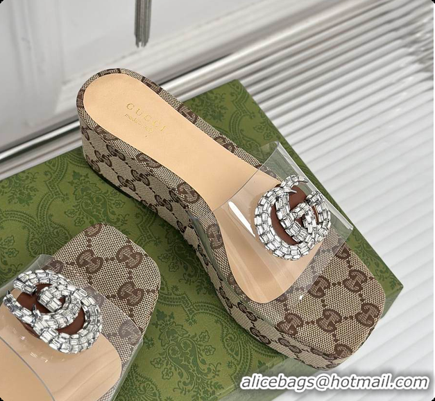 Gucci CC Crystal-Embellished Transparent High Slides Brown 60701306