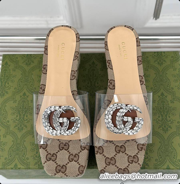 Gucci CC Crystal-Embellished Transparent High Slides Brown 60701306