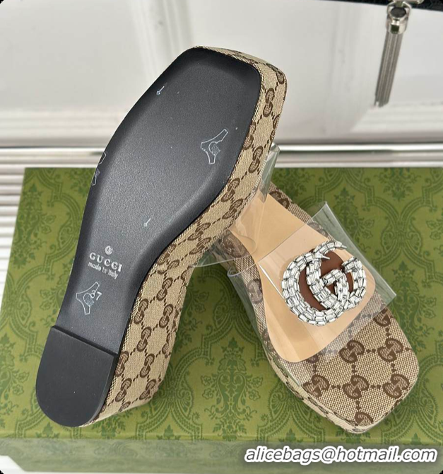 Gucci CC Crystal-Embellished Transparent High Slides Brown 60701306