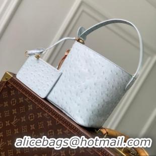 Top Grade Louis Vuitton Ostrich Leather All In BB Aged Bucket Bag M12925 Light Blue