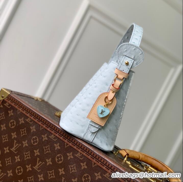 Top Grade Louis Vuitton Ostrich Leather All In BB Aged Bucket Bag M12925 Light Blue