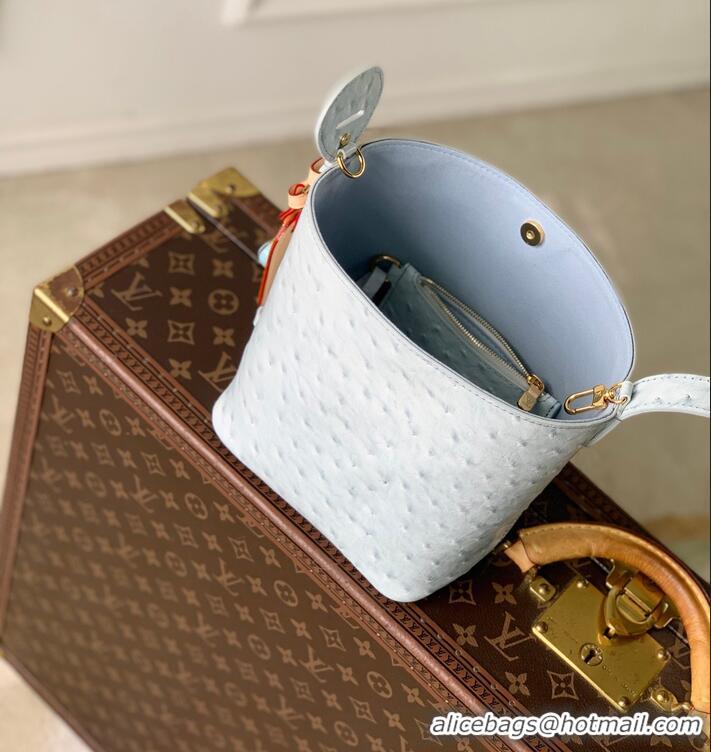 Top Grade Louis Vuitton Ostrich Leather All In BB Aged Bucket Bag M12925 Light Blue