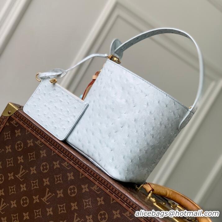 Top Grade Louis Vuitton Ostrich Leather All In BB Aged Bucket Bag M12925 Light Blue