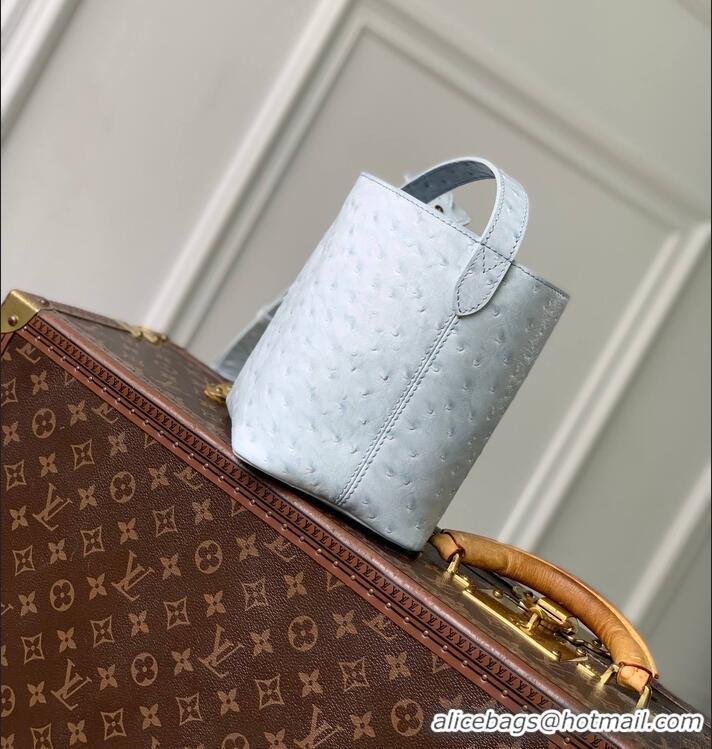 Top Grade Louis Vuitton Ostrich Leather All In BB Aged Bucket Bag M12925 Light Blue