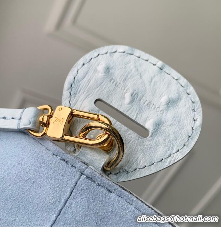 Top Grade Louis Vuitton Ostrich Leather All In BB Aged Bucket Bag M12925 Light Blue