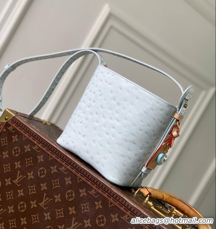 Top Grade Louis Vuitton Ostrich Leather All In BB Aged Bucket Bag M12925 Light Blue