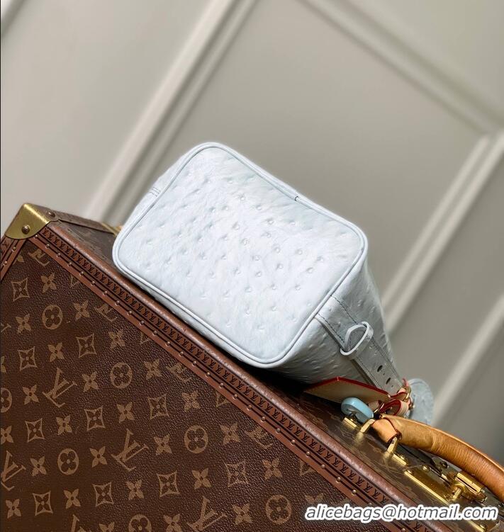 Top Grade Louis Vuitton Ostrich Leather All In BB Aged Bucket Bag M12925 Light Blue