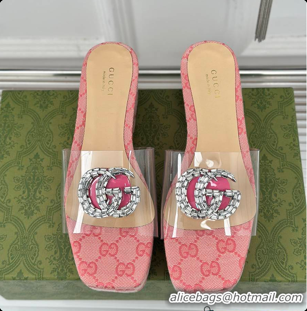 Discount Gucci CC Crystal-Embellished Transparent High Slides Pink 60701306