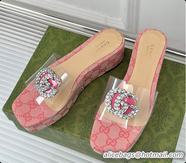 Discount Gucci CC Crystal-Embellished Transparent High Slides Pink 60701306