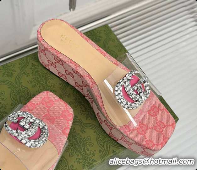 Discount Gucci CC Crystal-Embellished Transparent High Slides Pink 60701306