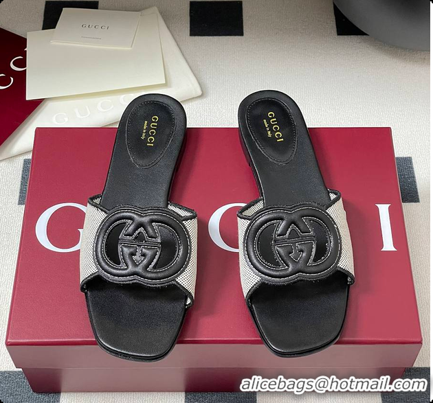 Popular Style Gucci Women's Interlocking G Slide Sandal Black Leather 60701402