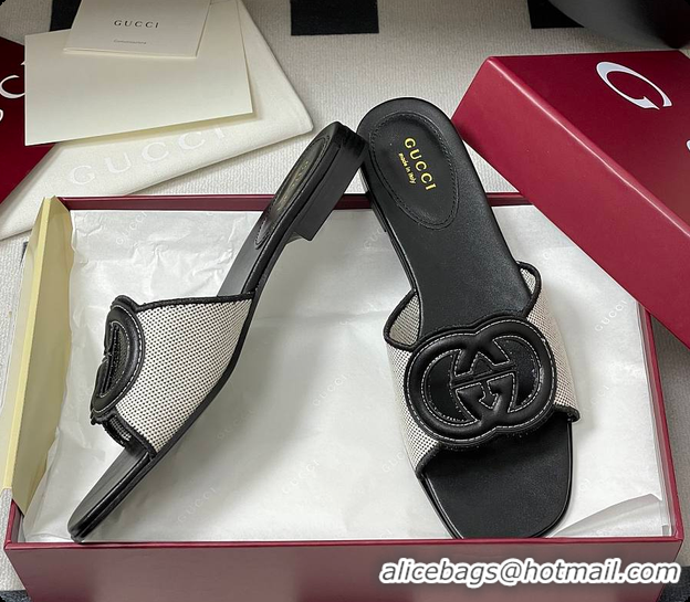 Popular Style Gucci Women's Interlocking G Slide Sandal Black Leather 60701402