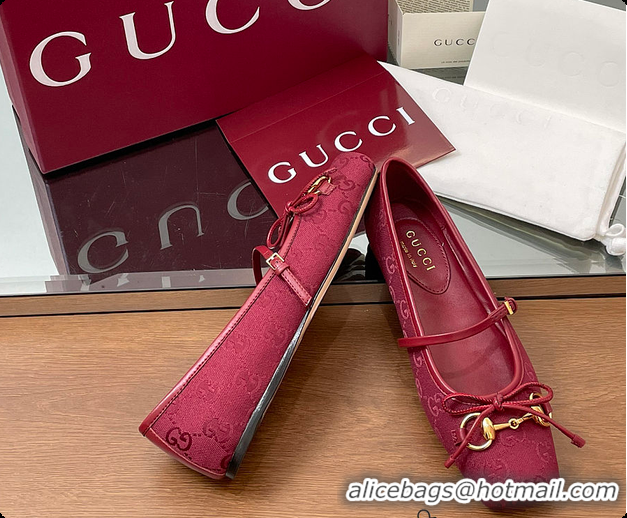 Top Design Gucci Horsebit Ballet Flat Red Oginal GG Canvas 60701403