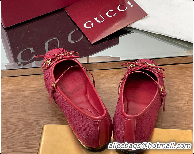 Top Design Gucci Horsebit Ballet Flat Red Oginal GG Canvas 60701403