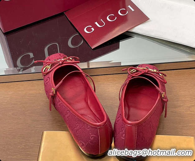 Top Design Gucci Horsebit Ballet Flat Red Oginal GG Canvas 60701403