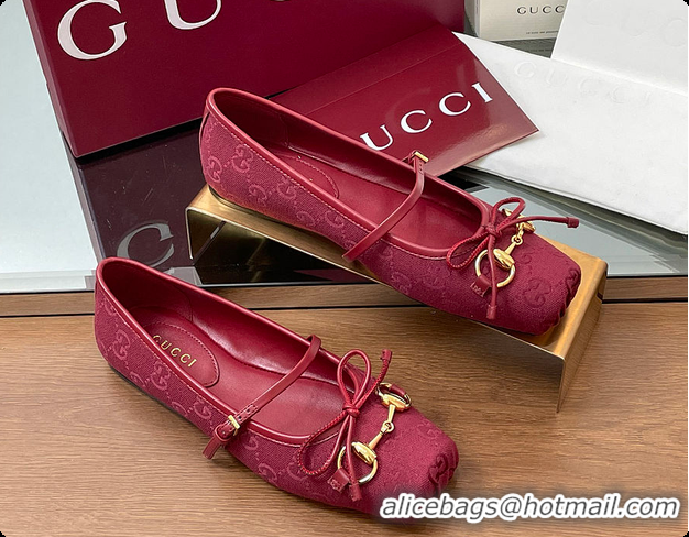 Top Design Gucci Horsebit Ballet Flat Red Oginal GG Canvas 60701403
