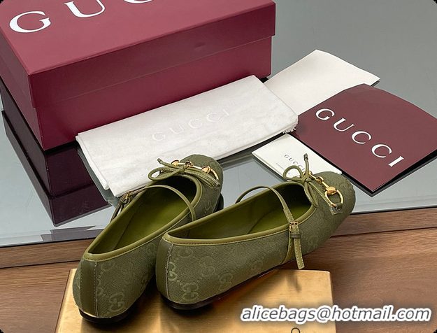 Sumptuous Gucci Horsebit Ballet Flat Green Oginal GG Canvas 60701403