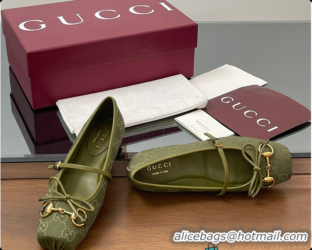 Sumptuous Gucci Horsebit Ballet Flat Green Oginal GG Canvas 60701403
