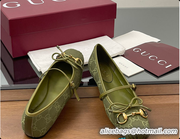 Sumptuous Gucci Horsebit Ballet Flat Green Oginal GG Canvas 60701403