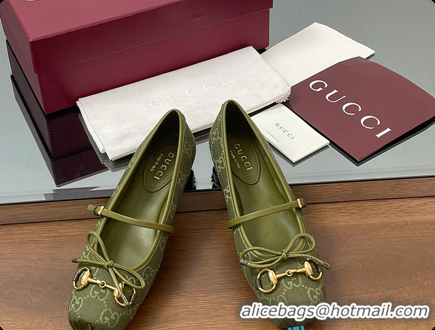 Sumptuous Gucci Horsebit Ballet Flat Green Oginal GG Canvas 60701403
