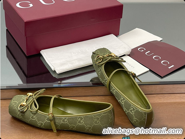 Sumptuous Gucci Horsebit Ballet Flat Green Oginal GG Canvas 60701403