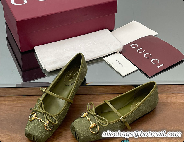 Sumptuous Gucci Horsebit Ballet Flat Green Oginal GG Canvas 60701403
