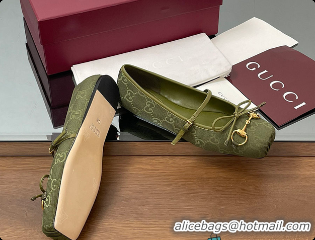Sumptuous Gucci Horsebit Ballet Flat Green Oginal GG Canvas 60701403