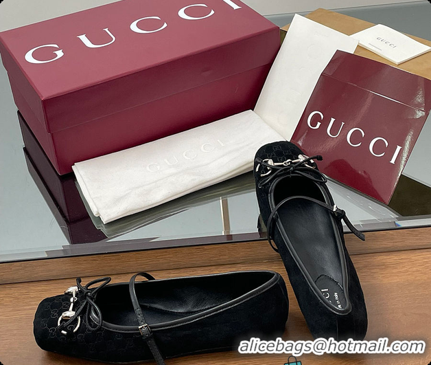 Pretty Style Gucci Horsebit Ballet Flat Black Oginal GG Canvas 60701403