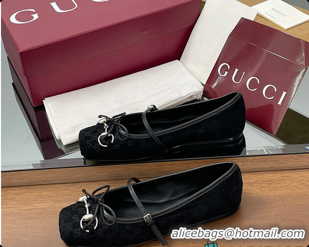 Pretty Style Gucci Horsebit Ballet Flat Black Oginal GG Canvas 60701403