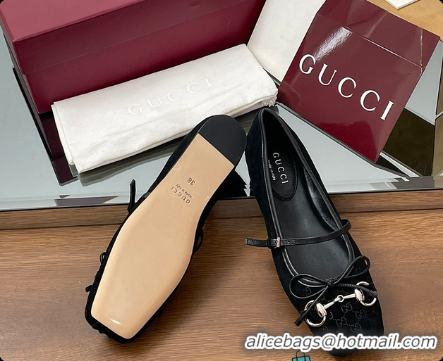 Pretty Style Gucci Horsebit Ballet Flat Black Oginal GG Canvas 60701403