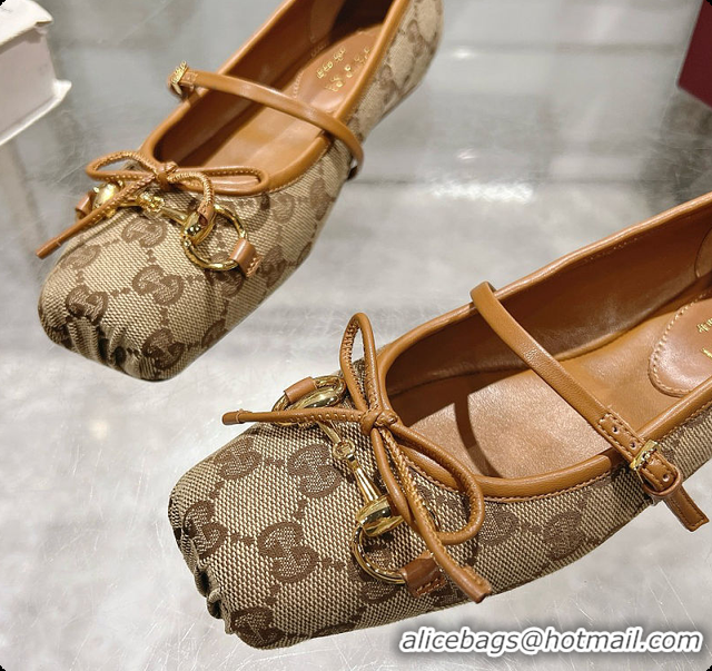 Best Product Gucci Horsebit Ballet Flat Brown Oginal GG Canvas 60701404