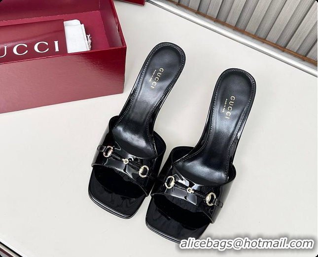 Good Quality Gucci Slide Sandal with Horsebit in Black Patent Calfskin 7.5cm 60701405