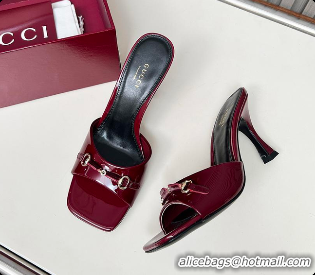 Shop Duplicate Gucci Slide Sandal with Horsebit in Red Patent Calfskin 7.5cm 60701405