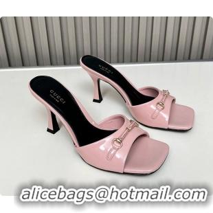 Classic Hot Gucci Slide Sandal with Horsebit in Light Pink Patent Calfskin 7.5cm 60701405