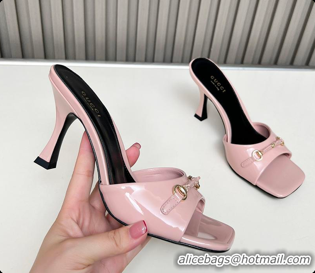 Classic Hot Gucci Slide Sandal with Horsebit in Light Pink Patent Calfskin 7.5cm 60701405