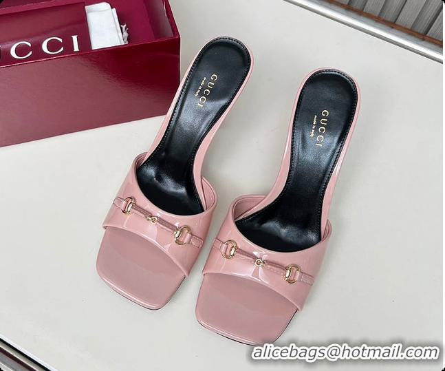 Classic Hot Gucci Slide Sandal with Horsebit in Light Pink Patent Calfskin 7.5cm 60701405