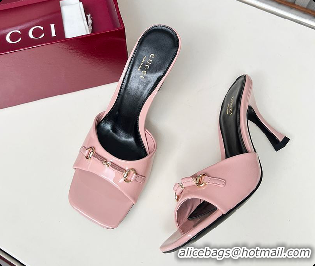 Classic Hot Gucci Slide Sandal with Horsebit in Light Pink Patent Calfskin 7.5cm 60701405