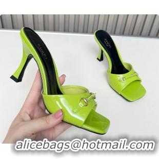 Charming Gucci Slide Sandal with Horsebit in Lime Green Patent Calfskin 7.5cm 60701405