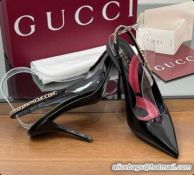 Top Grade Gucci Signoria Slingback Pump Black Patent Leather 10.5cm 60701407