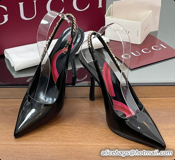 Top Grade Gucci Signoria Slingback Pump Black Patent Leather 10.5cm 60701407